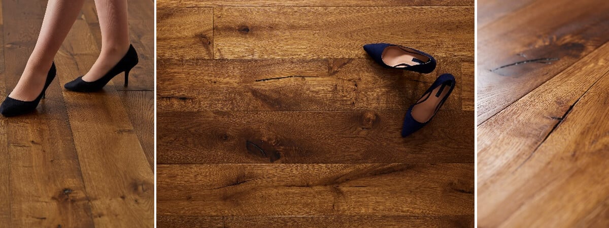 A close-up view of a polished hardwood floor with a pair of black heels walking, illustrating the beauty of stained hardwood