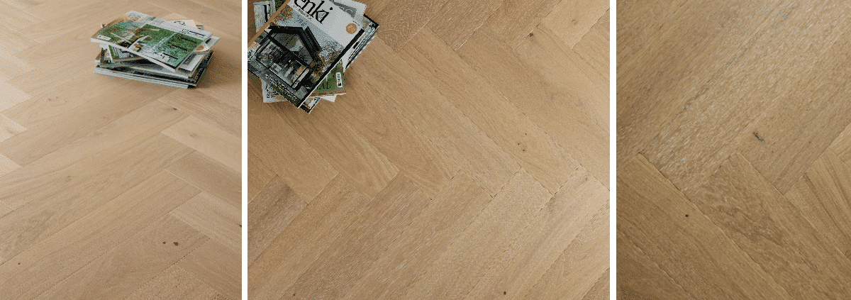 Pile of flooring samples on a wooden floor showing a refinishing project before and after transformation